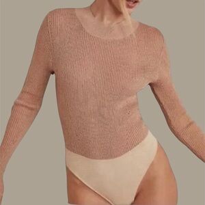 Free People Luxe Life Bodysuit Lurex Ribbed Knit Metallic Bronze S NWT